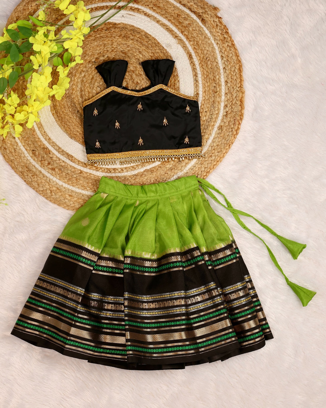 Premium Banarasi Silk Paavadai Sattai – Apple Green & Black Combo