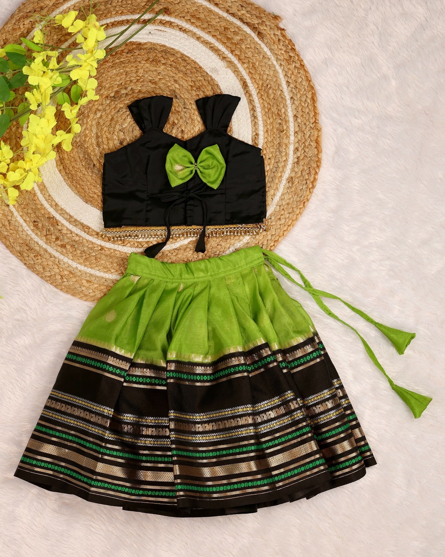 Premium Banarasi Silk Paavadai Sattai – Apple Green & Black Combo