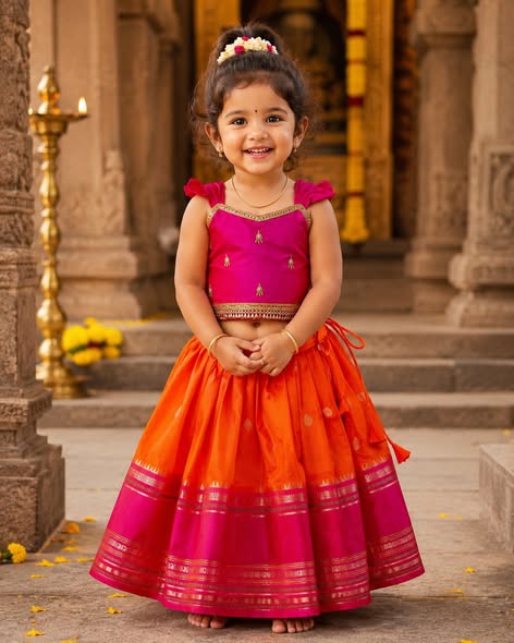 Premium Banarasi Silk Paavadai Sattai – Orange & Pink Combo
