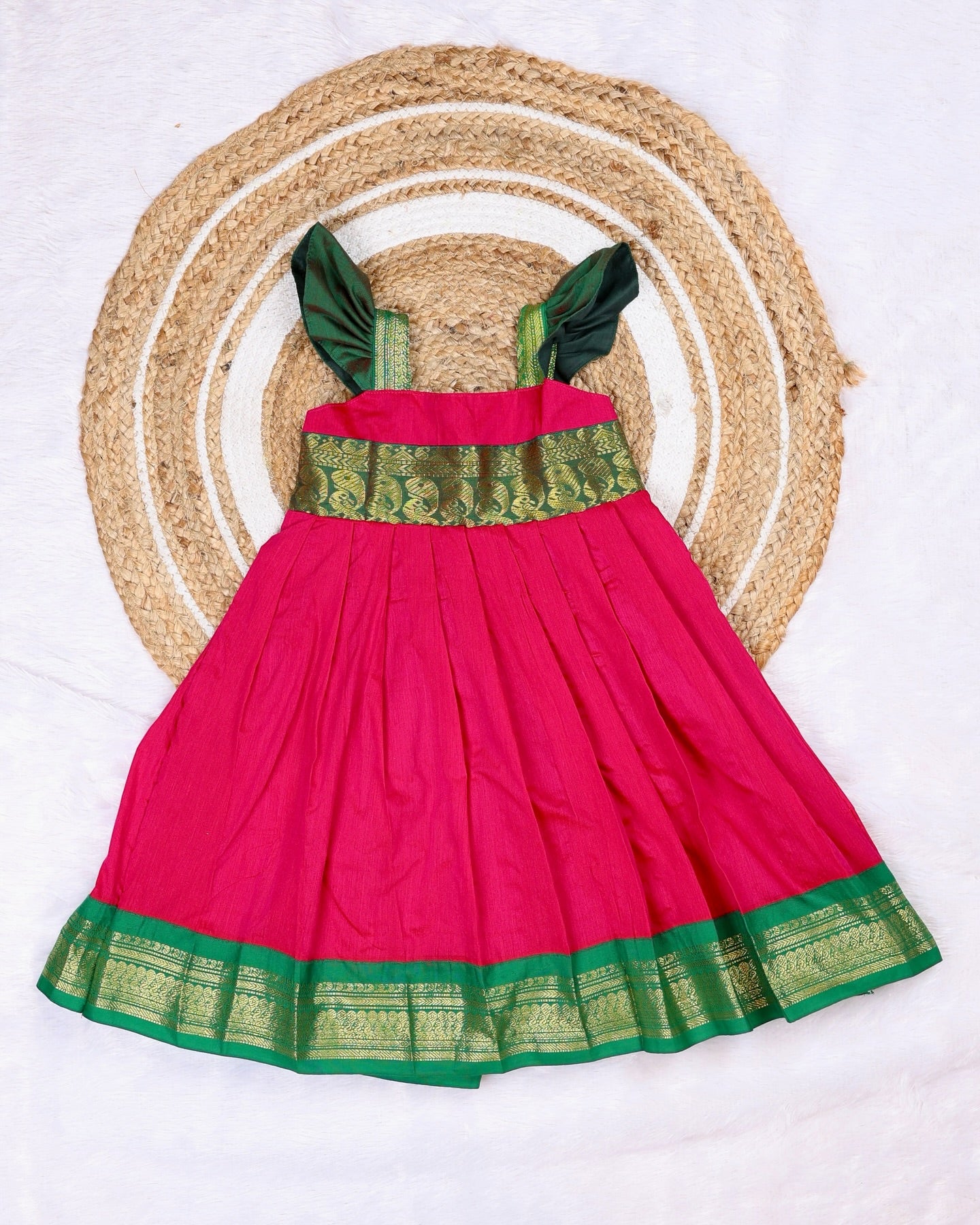 Super Comfortable Kalyani Silk Cotton Frock - Rani Pink and Green Combo