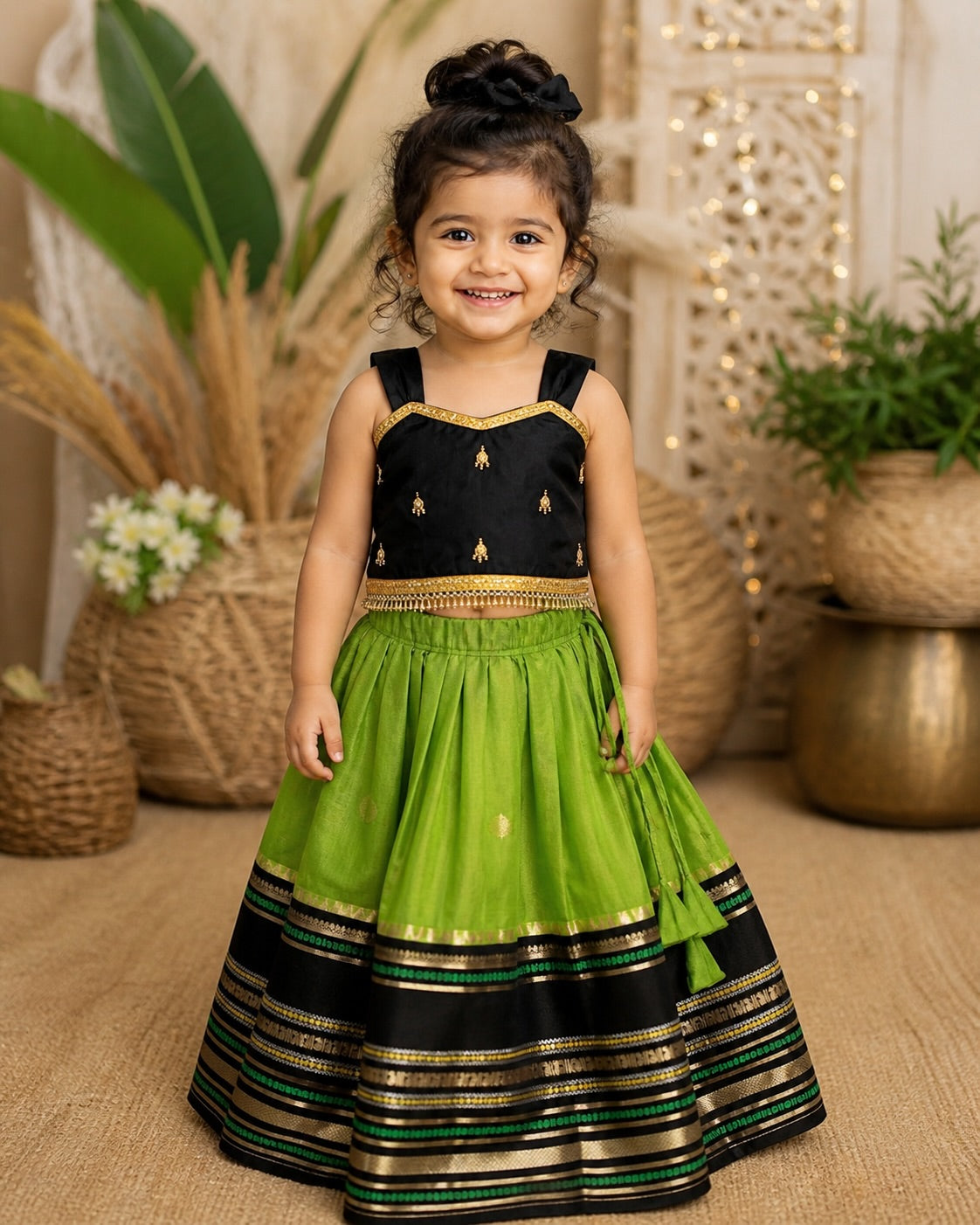 Premium Banarasi Silk Paavadai Sattai – Apple Green & Black Combo