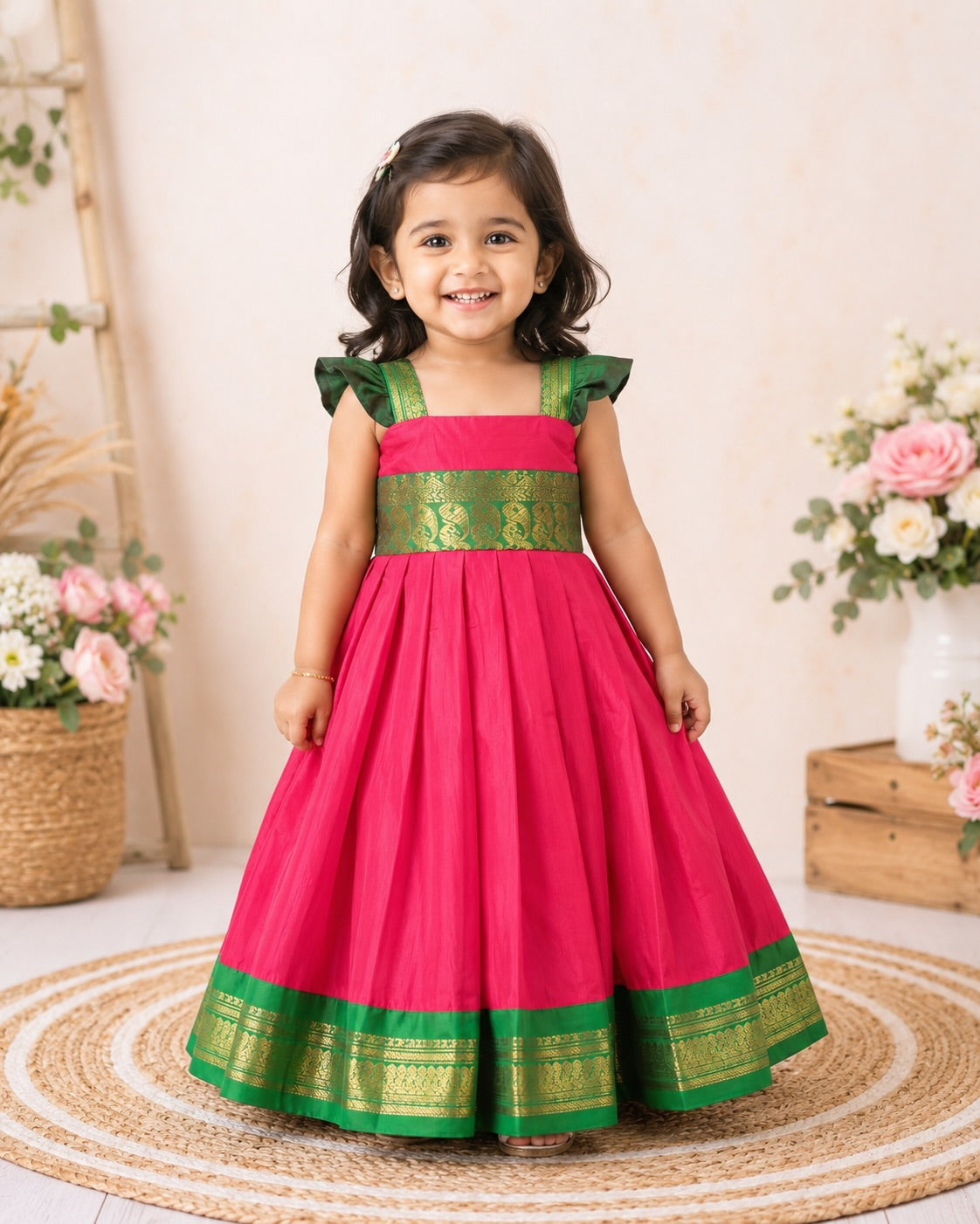 Super Comfortable Kalyani Silk Cotton Frock - Rani Pink and Green Combo