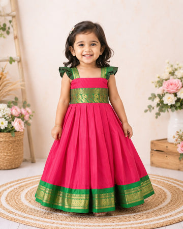 Super Comfortable Kalyani Silk Cotton Frock - Rani Pink and Green Combo