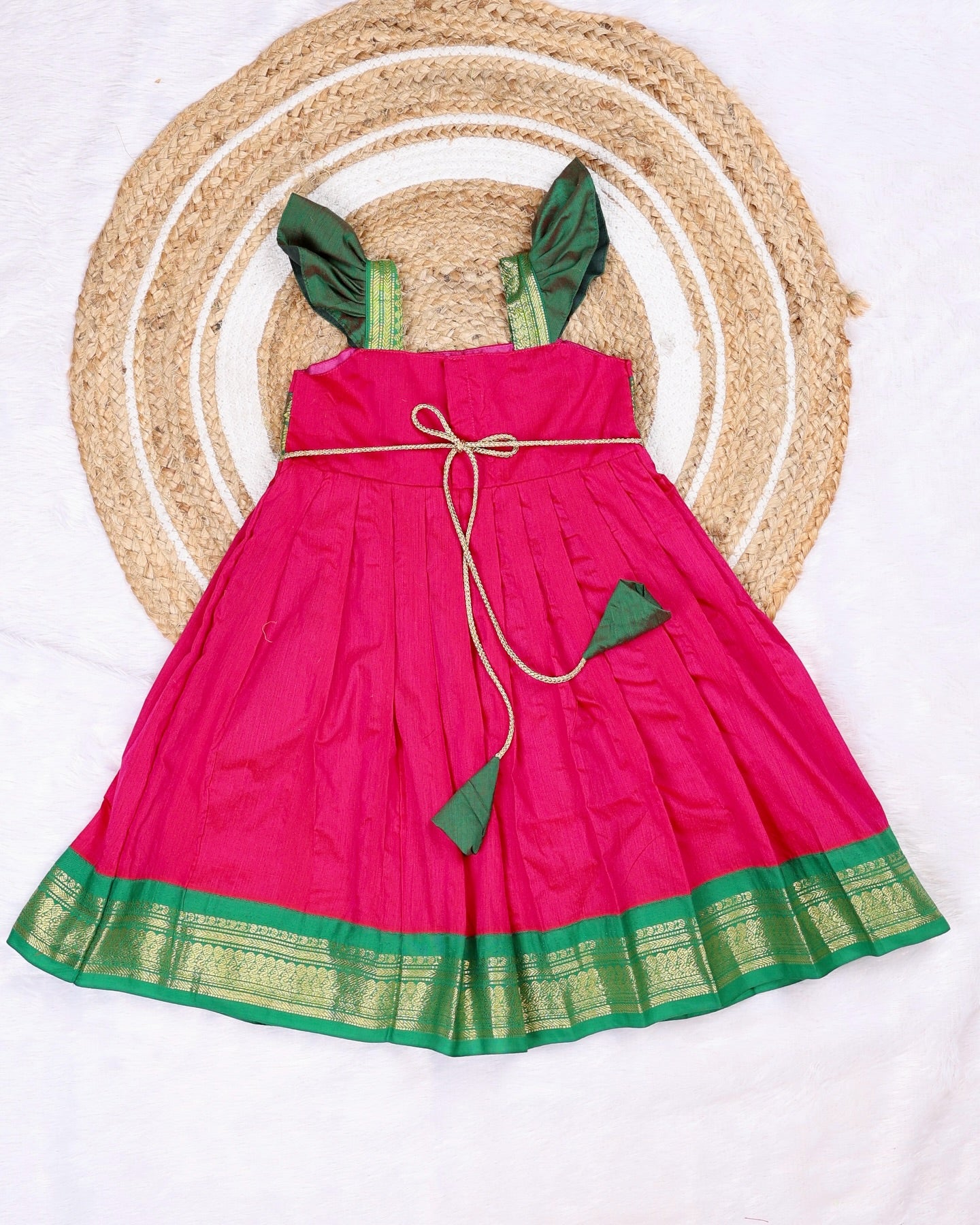 Super Comfortable Kalyani Silk Cotton Frock - Rani Pink and Green Combo