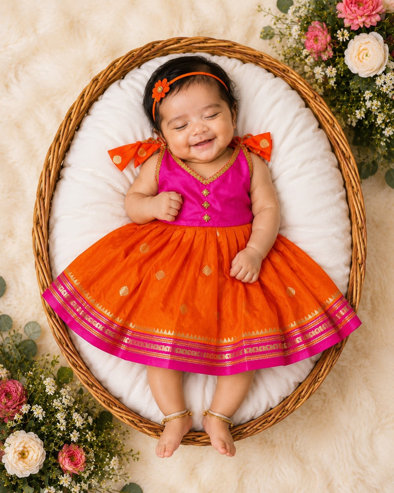 Orange and Pink Combo Tie-up Frock - Her First Pattu Ethnic Dress