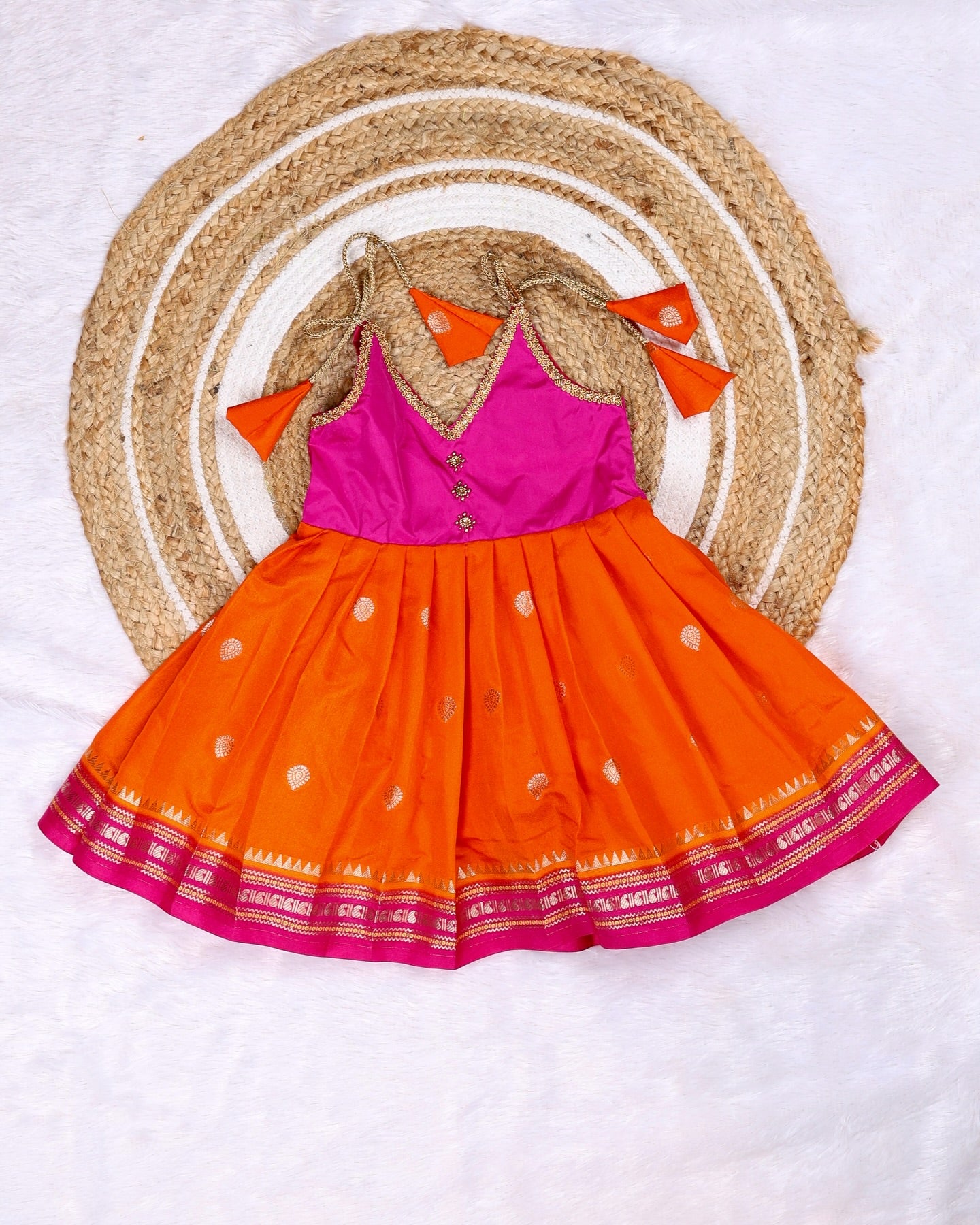 Orange and Pink Combo Tie-up Frock - Her First Pattu Ethnic Dress