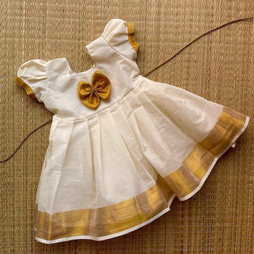 Kerala Kasavu Frock – Puff Sleeves