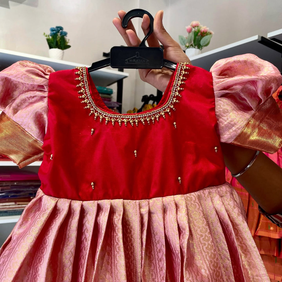 Peach and Red - Traditional Premium Semi Kanchipattu Frock