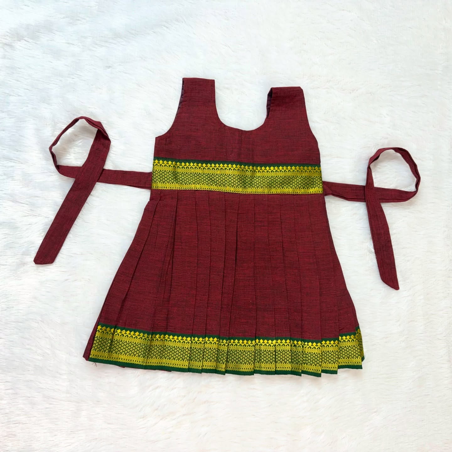 Maroon with Green Border  - Girls Mangalagiri Cotton Midi Length Frock