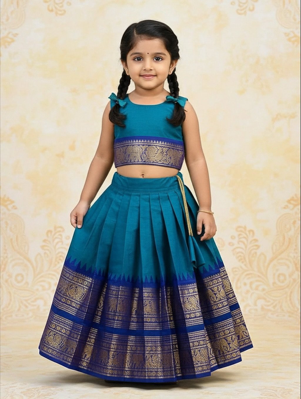 Light Blue and Navy Blue Authentic Kanchi cotton Paavadai Sattai with traditional zari border