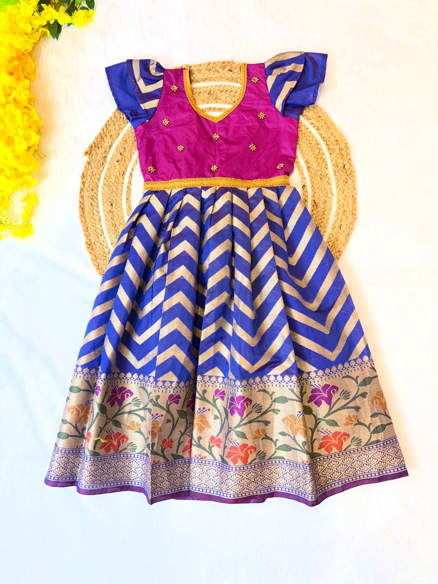 Presenting our Festival Silk Frock crafted in premium Semi Banarasi fabric - Blue and Pink