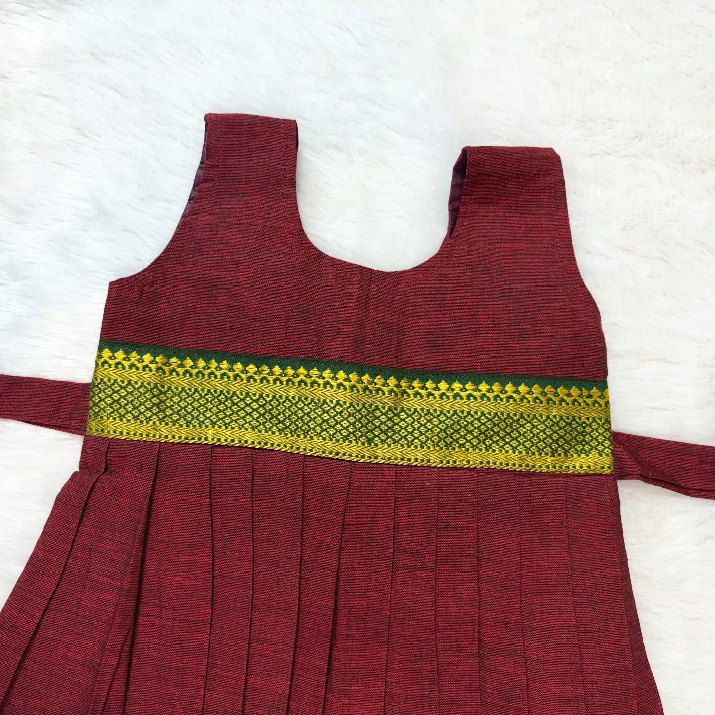 Maroon with Green Border  - Girls Mangalagiri Cotton Midi Length Frock