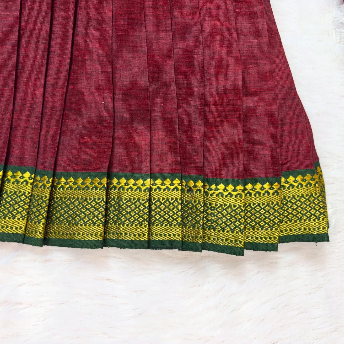 Maroon with Green Border  - Girls Mangalagiri Cotton Midi Length Frock