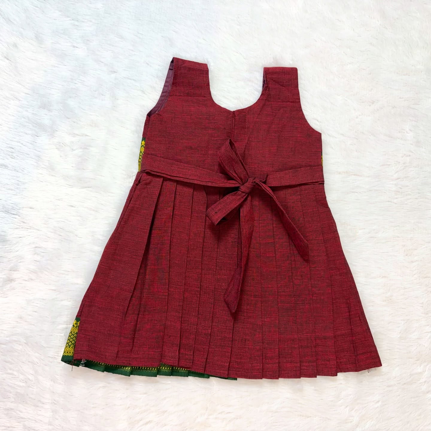 Maroon with Green Border  - Girls Mangalagiri Cotton Midi Length Frock