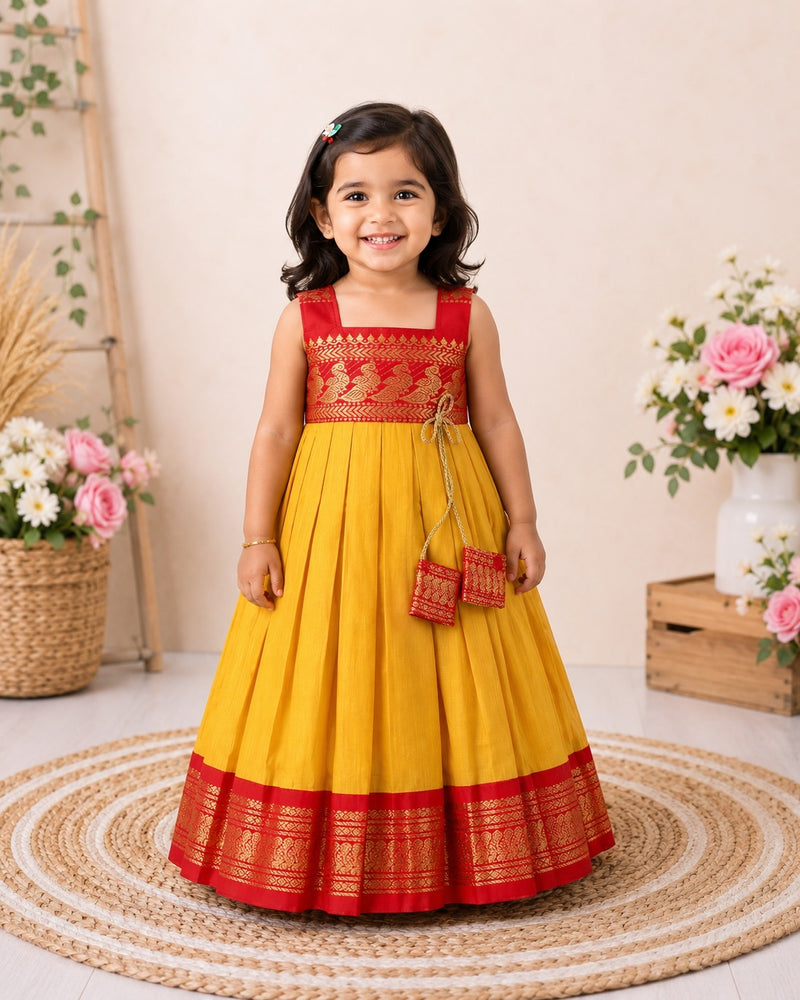 Yellow and Red Kalyani cotton frock