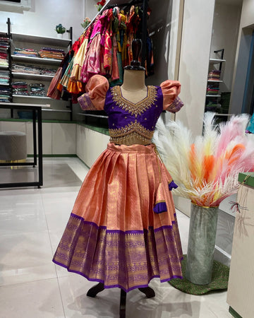 FESTIVE FITS - Premium Semi Kanchipattu Grand Aariwork Lehenga Set in Peach and Voilet Combo