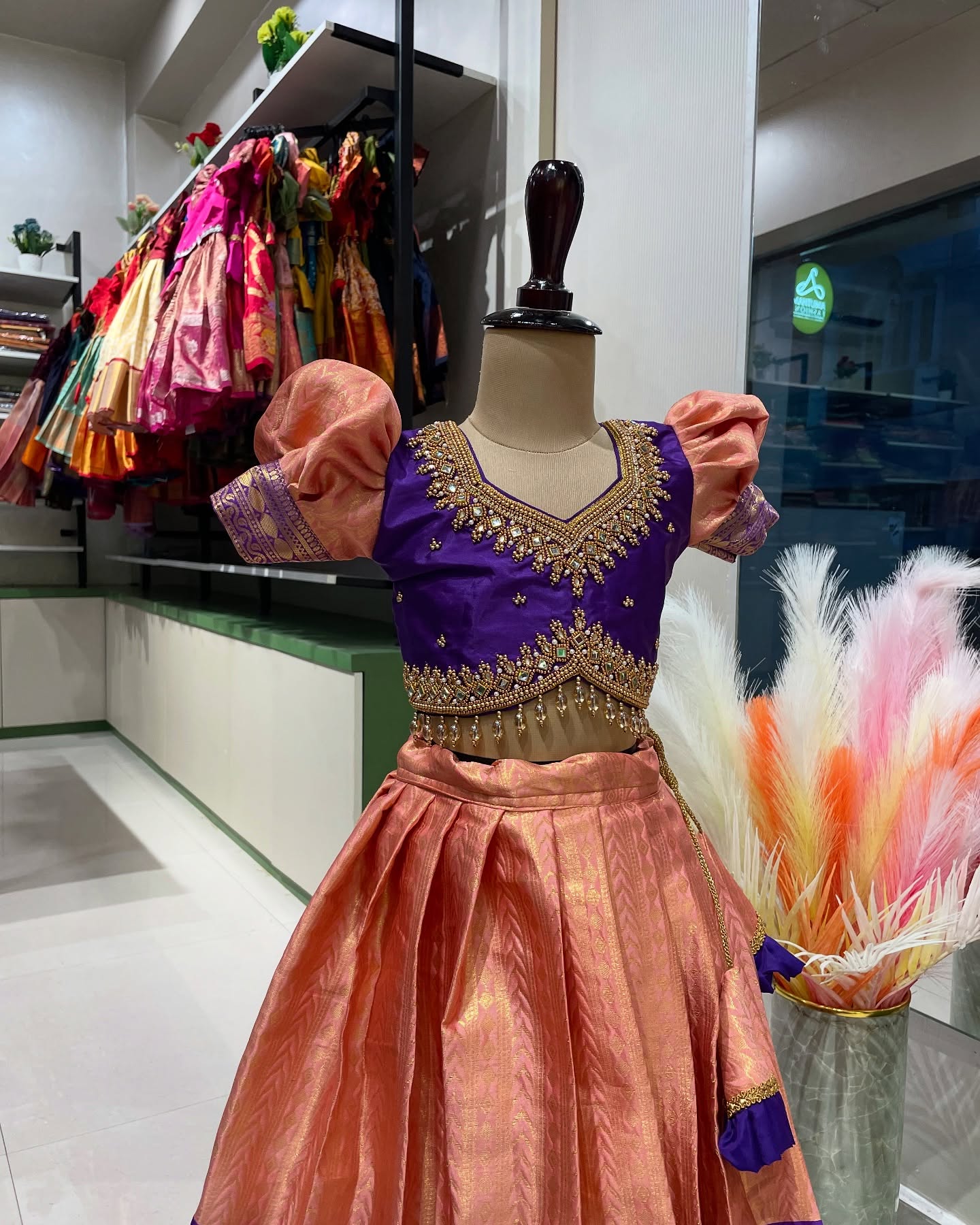 FESTIVE FITS - Premium Semi Kanchipattu Grand Aariwork Lehenga Set in Peach and Voilet Combo