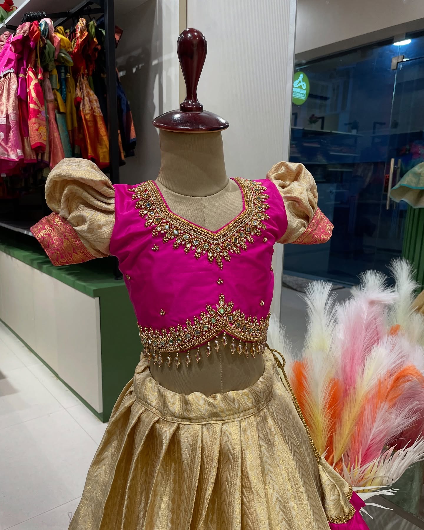 FESTIVE FITS - Premium Semi Kanchipattu Grand Aariwork Lehenga Set in Cream and Pink Combo