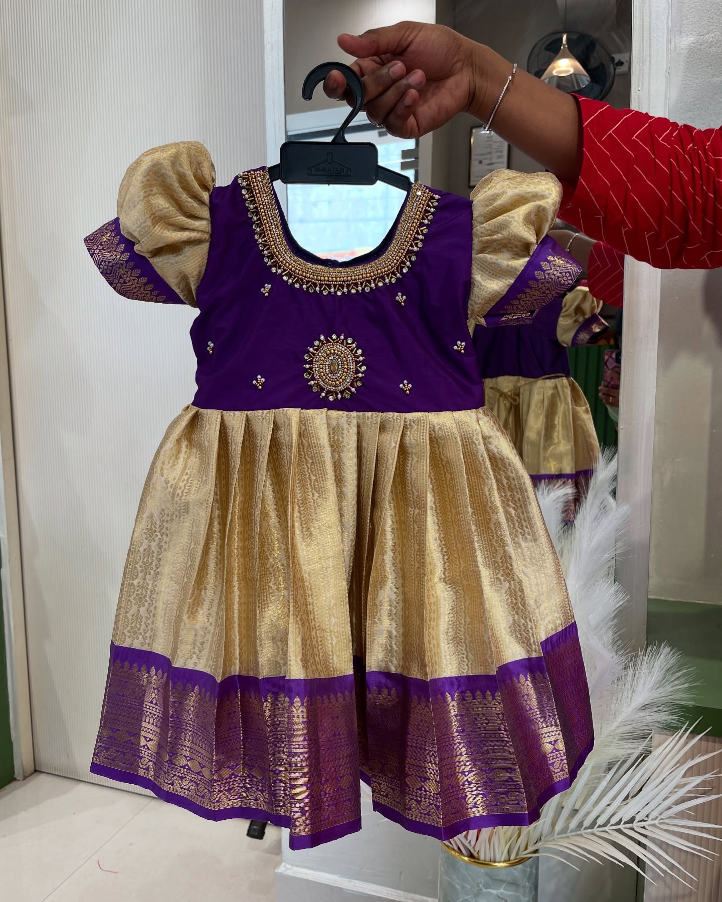 Cream and Voilet - Traditional pattu frock adorned with delicate aariwork design