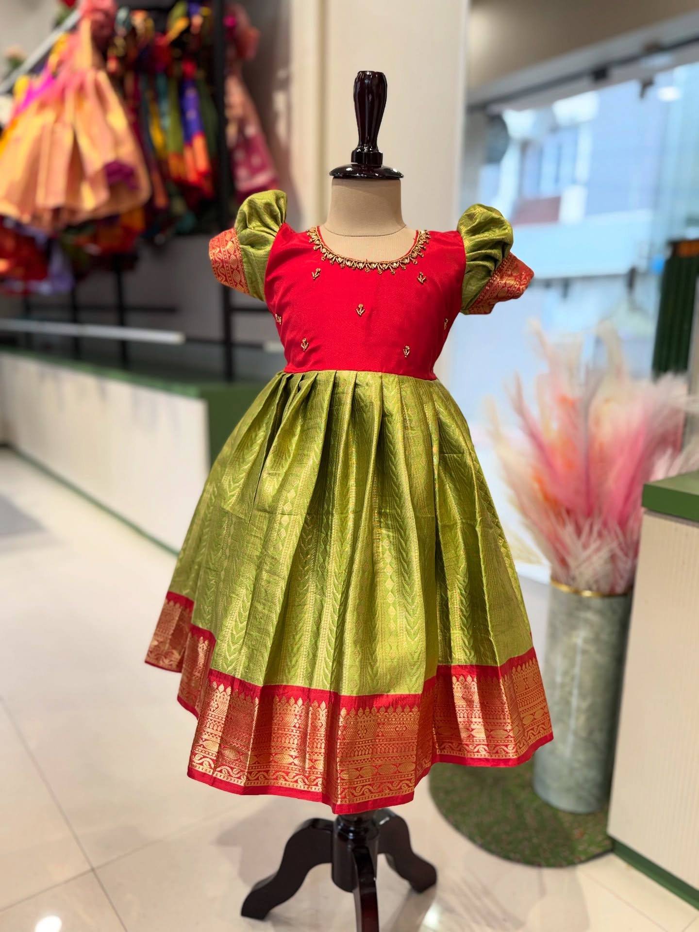 Olive Green and Red - Traditional Premium Semi Kanchipattu Frock