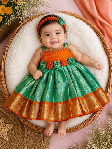 Orange and Pastel Green Combo Premium Ethnic Pattu Frock