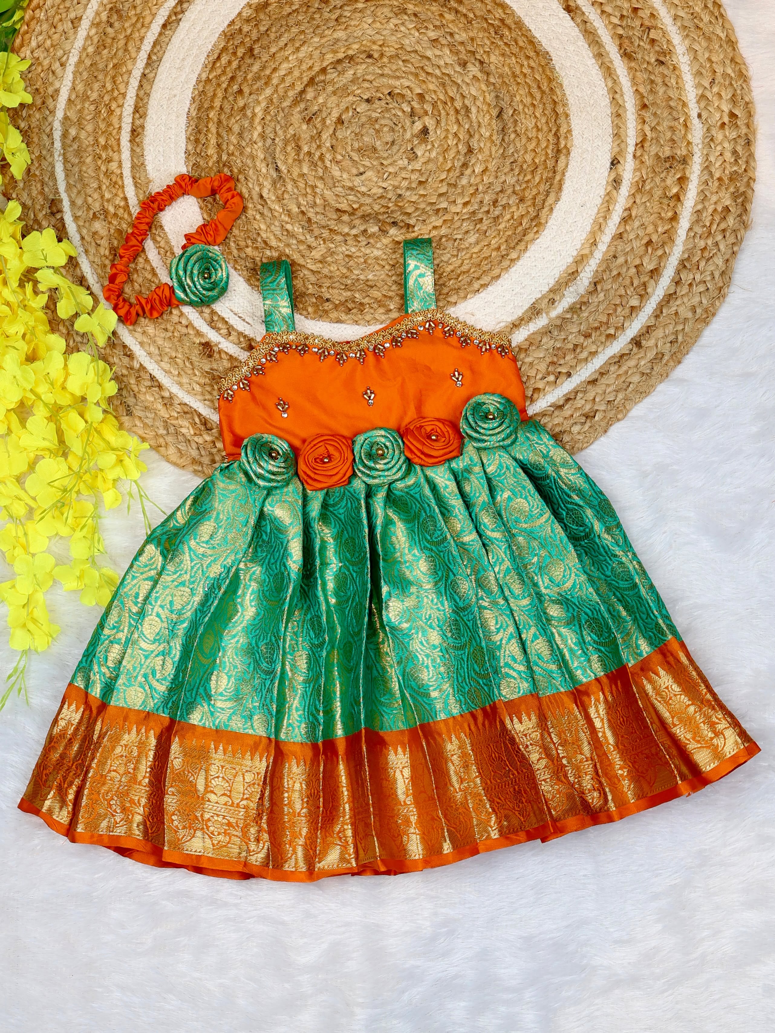 Orange and Pastel Green Combo Premium Ethnic Pattu Frock