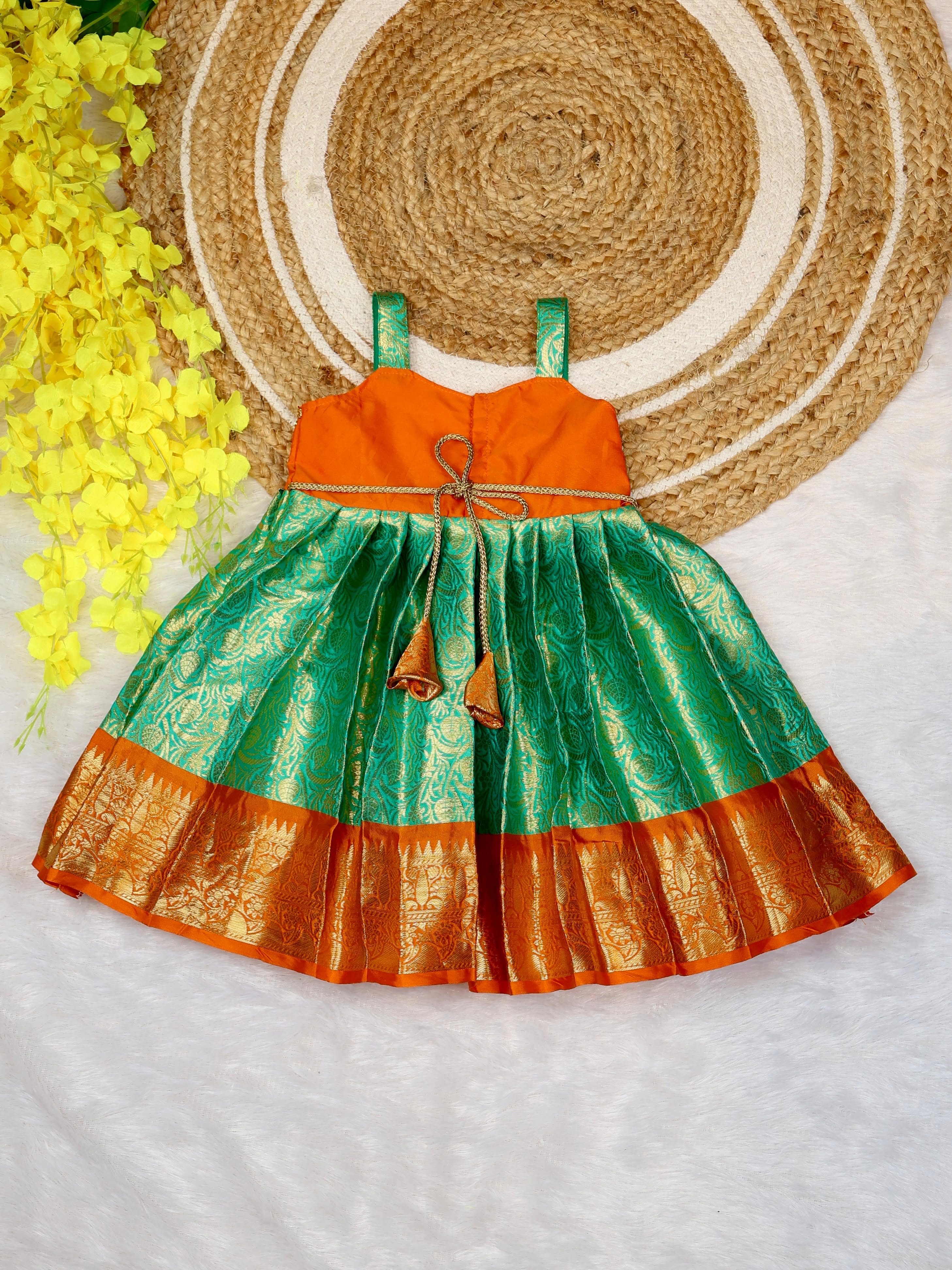 Orange and Pastel Green Combo Premium Ethnic Pattu Frock