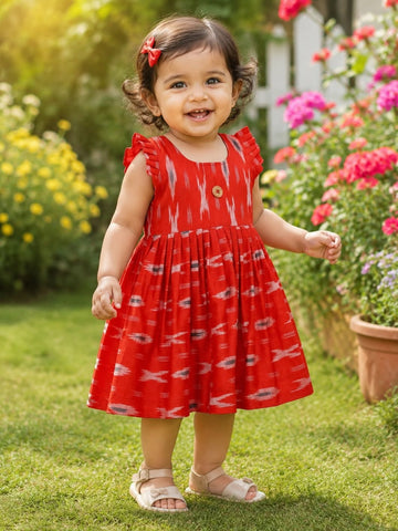IKKAT LOOM - Soft and Breathable Ikkat Cotton Frock (Tomato Red)