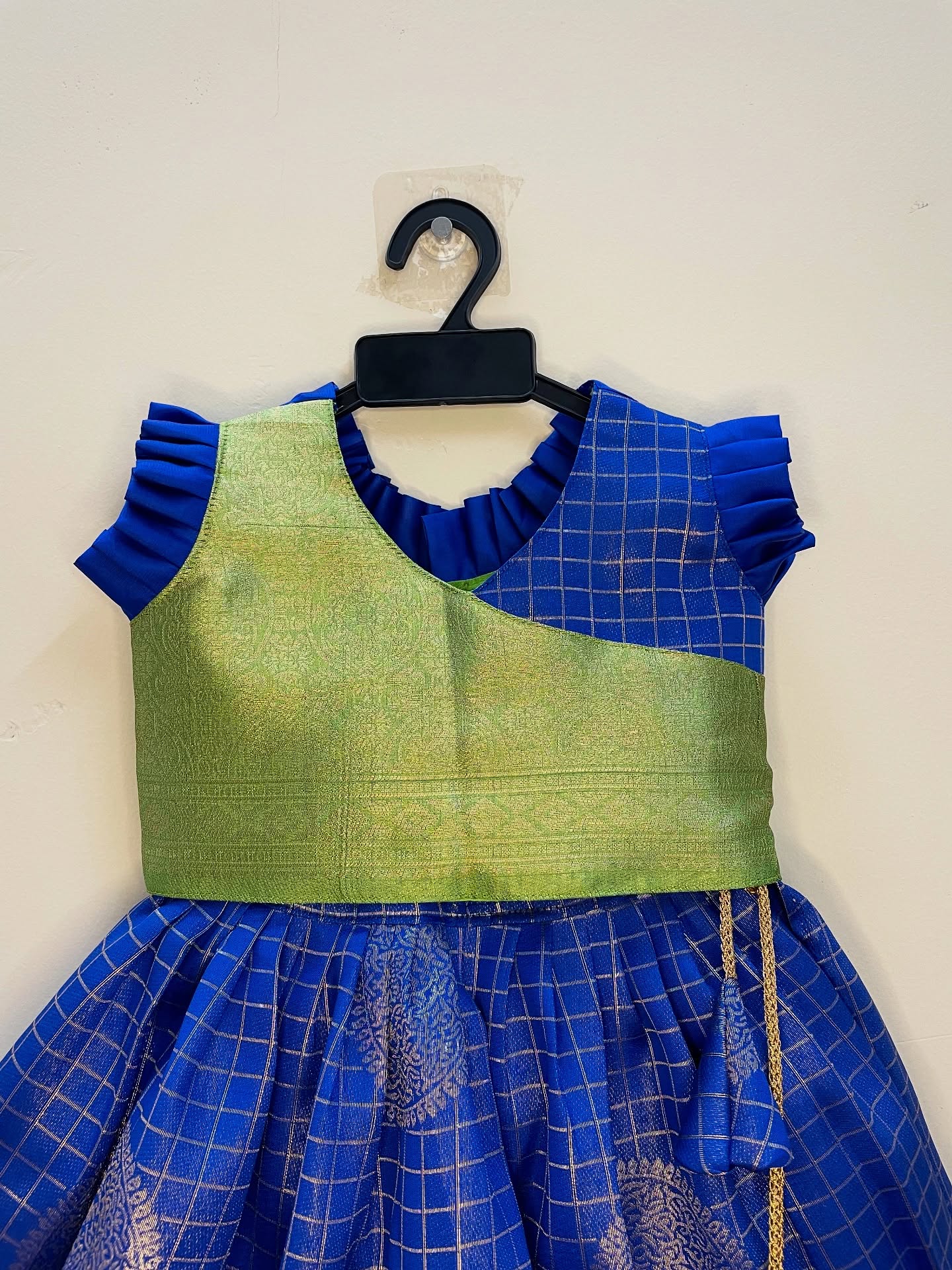 Navy Blue and Light Green Semi Kanchipattu Paavadai Sattai