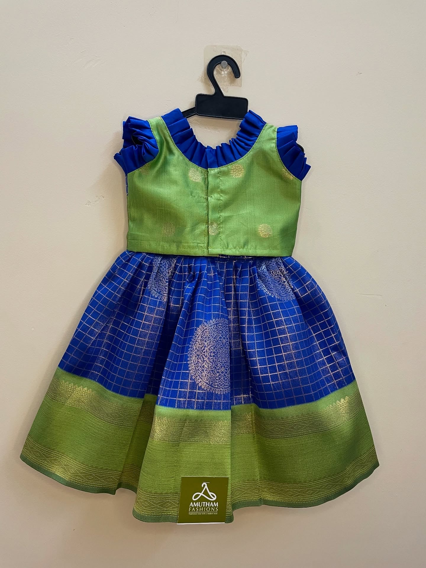 Navy Blue and Light Green Semi Kanchipattu Paavadai Sattai