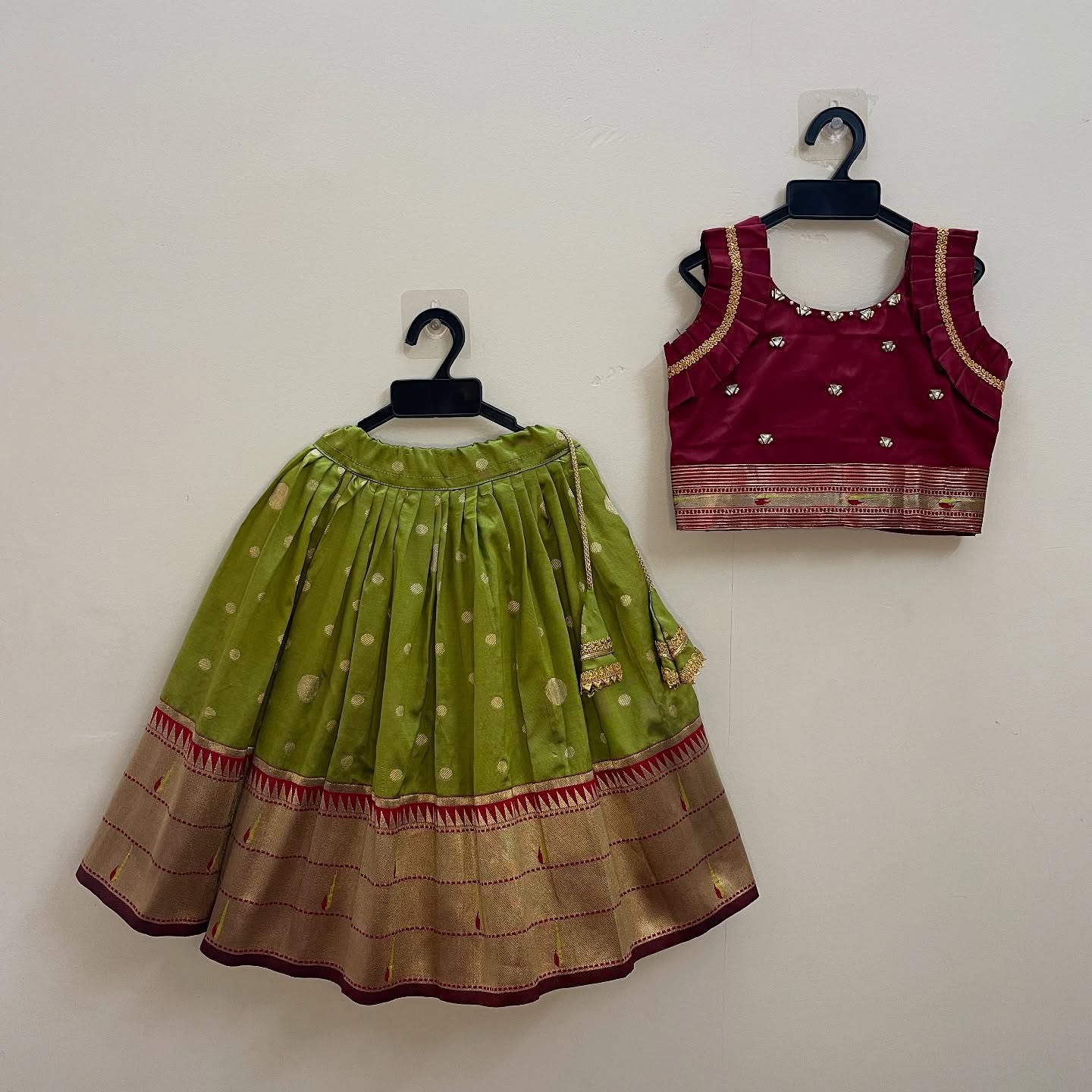 Olive Green and Maroon – Festive Paithani Silk Paavadai and Sattai (Ready to Dispatch)