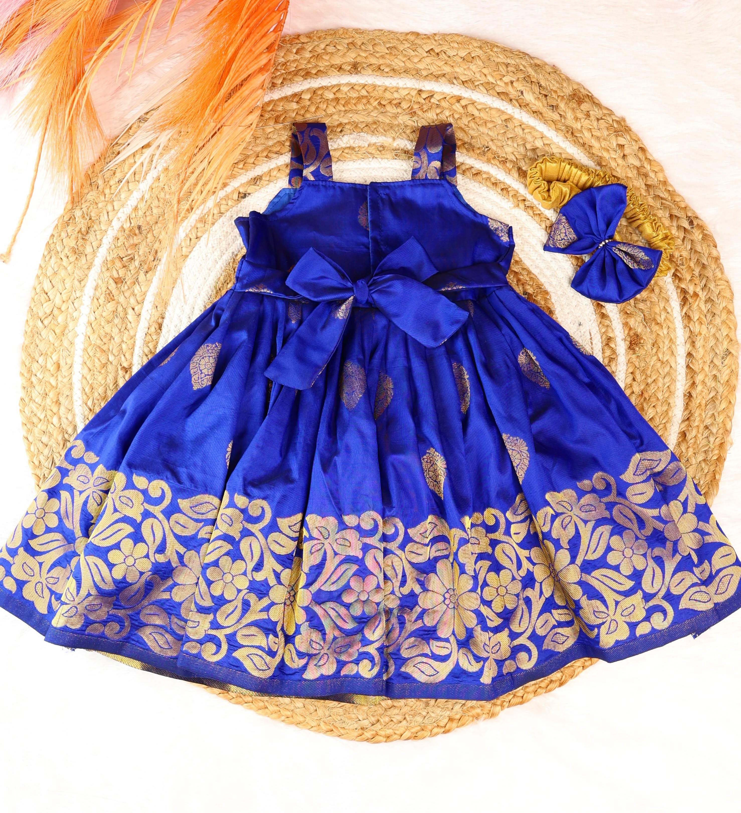 Navy Blue Premium Soft Silk Ethnic Pattu Frock