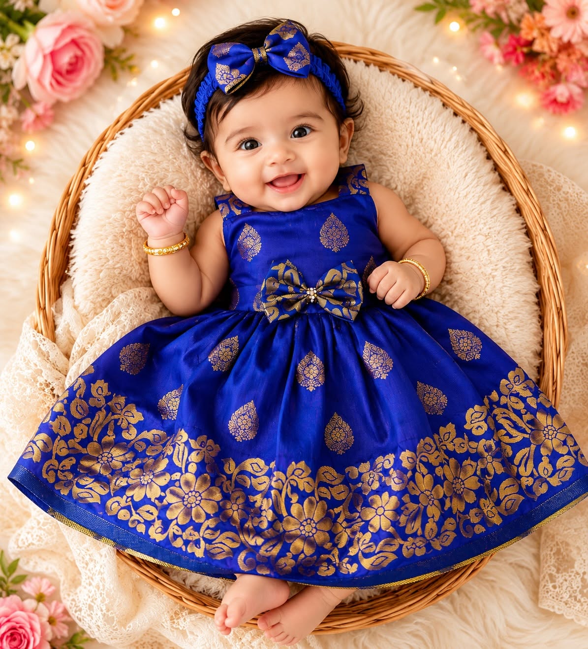 Navy Blue Premium Soft Silk Ethnic Pattu Frock