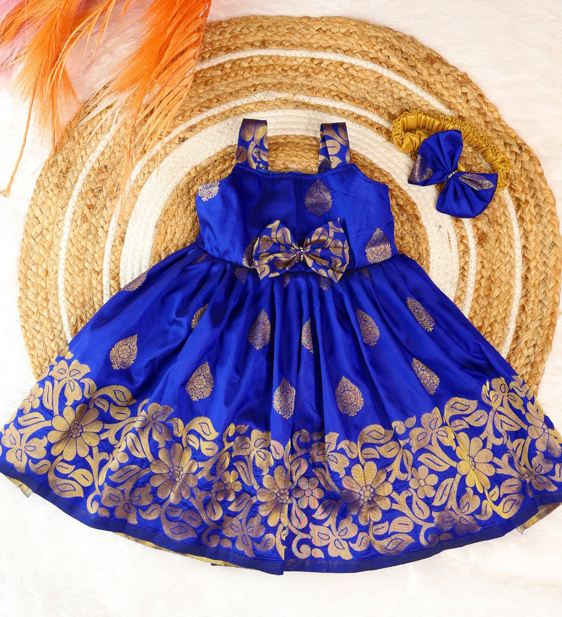 Navy Blue Premium Soft Silk Ethnic Pattu Frock