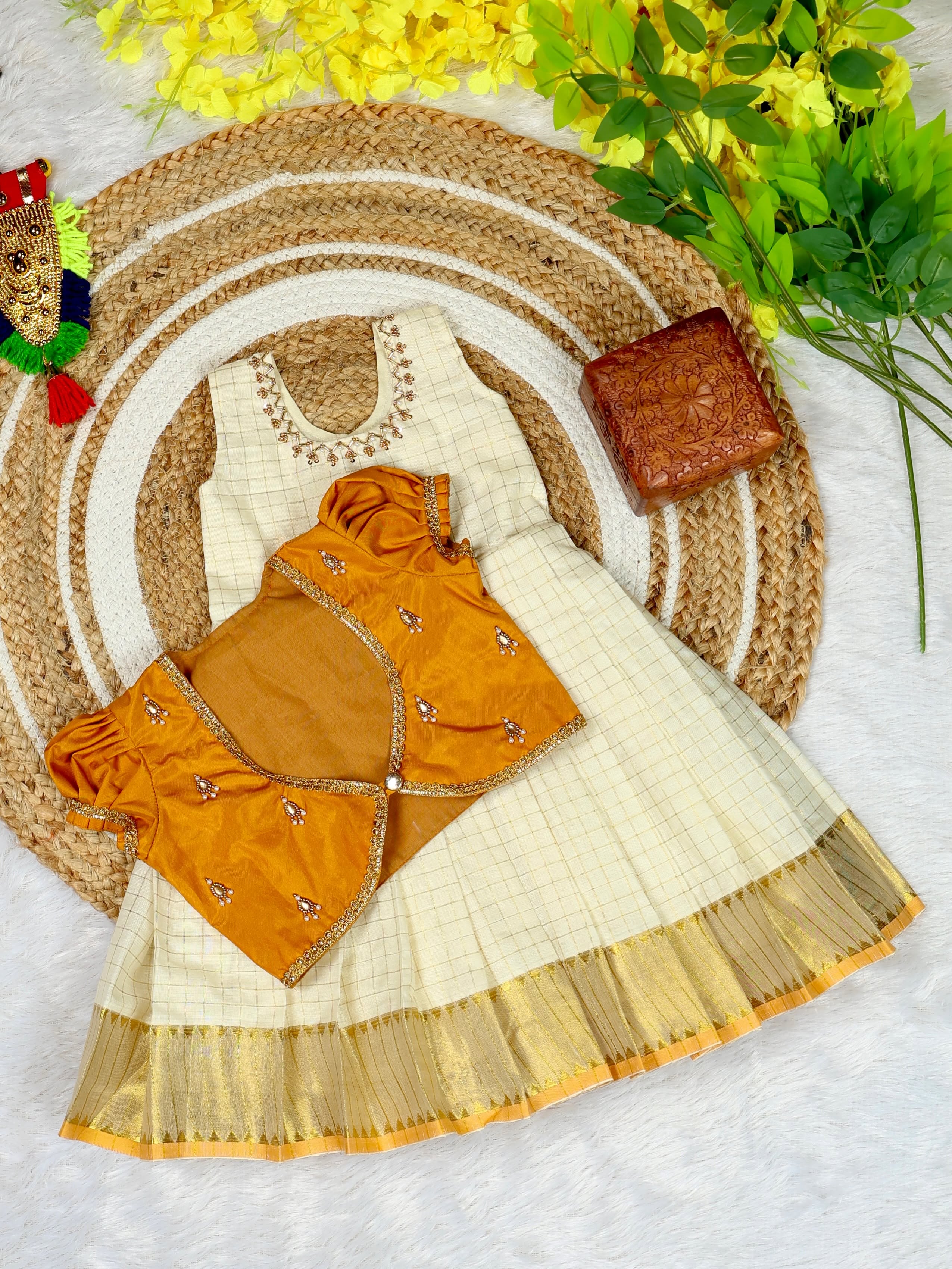 Premium Kasavu Checked Tissue Silk Frock & Silk Overcoat - TINY THUMBI