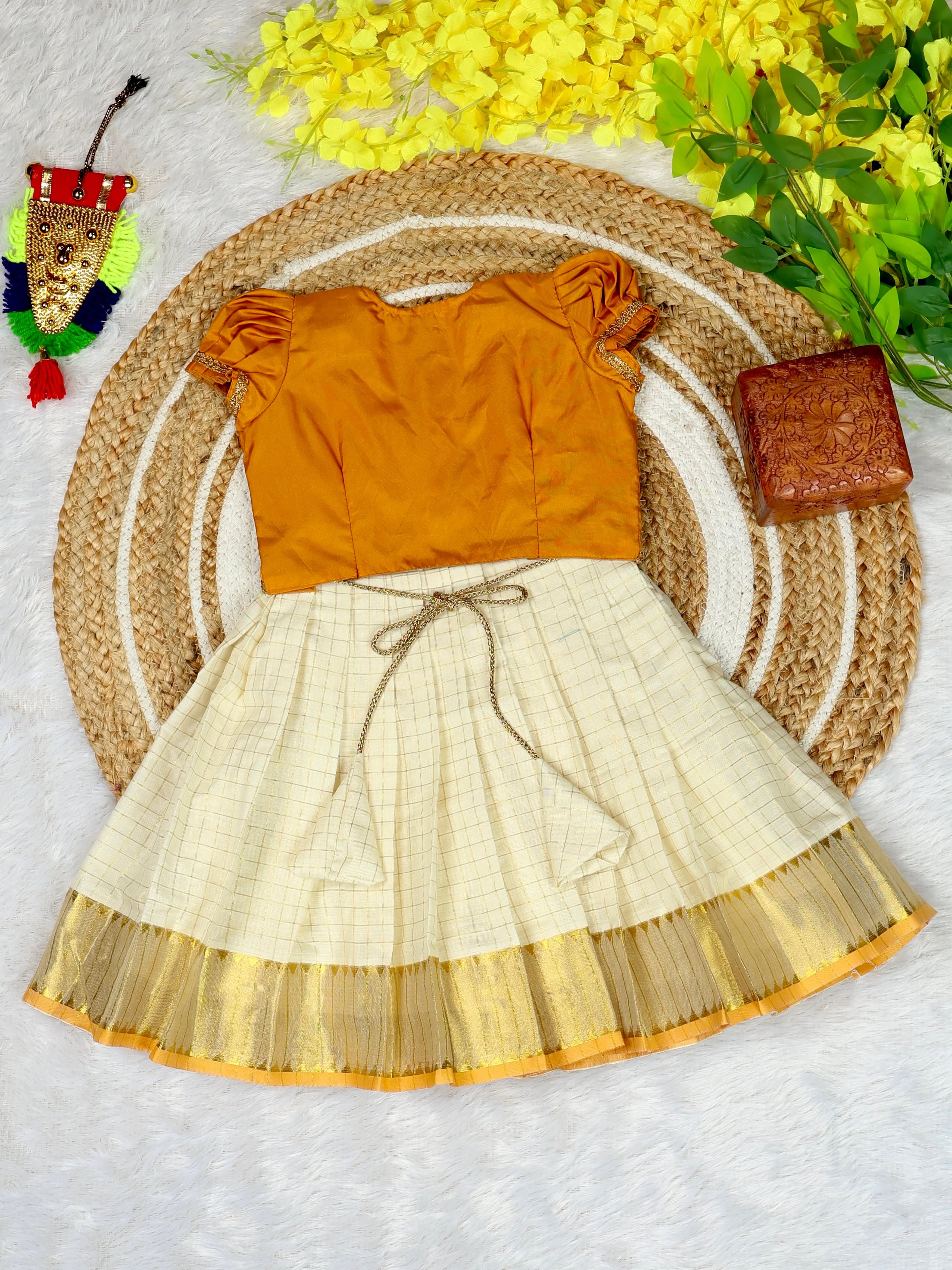 Premium Kasavu Checked Tissue Silk Frock & Silk Overcoat - TINY THUMBI