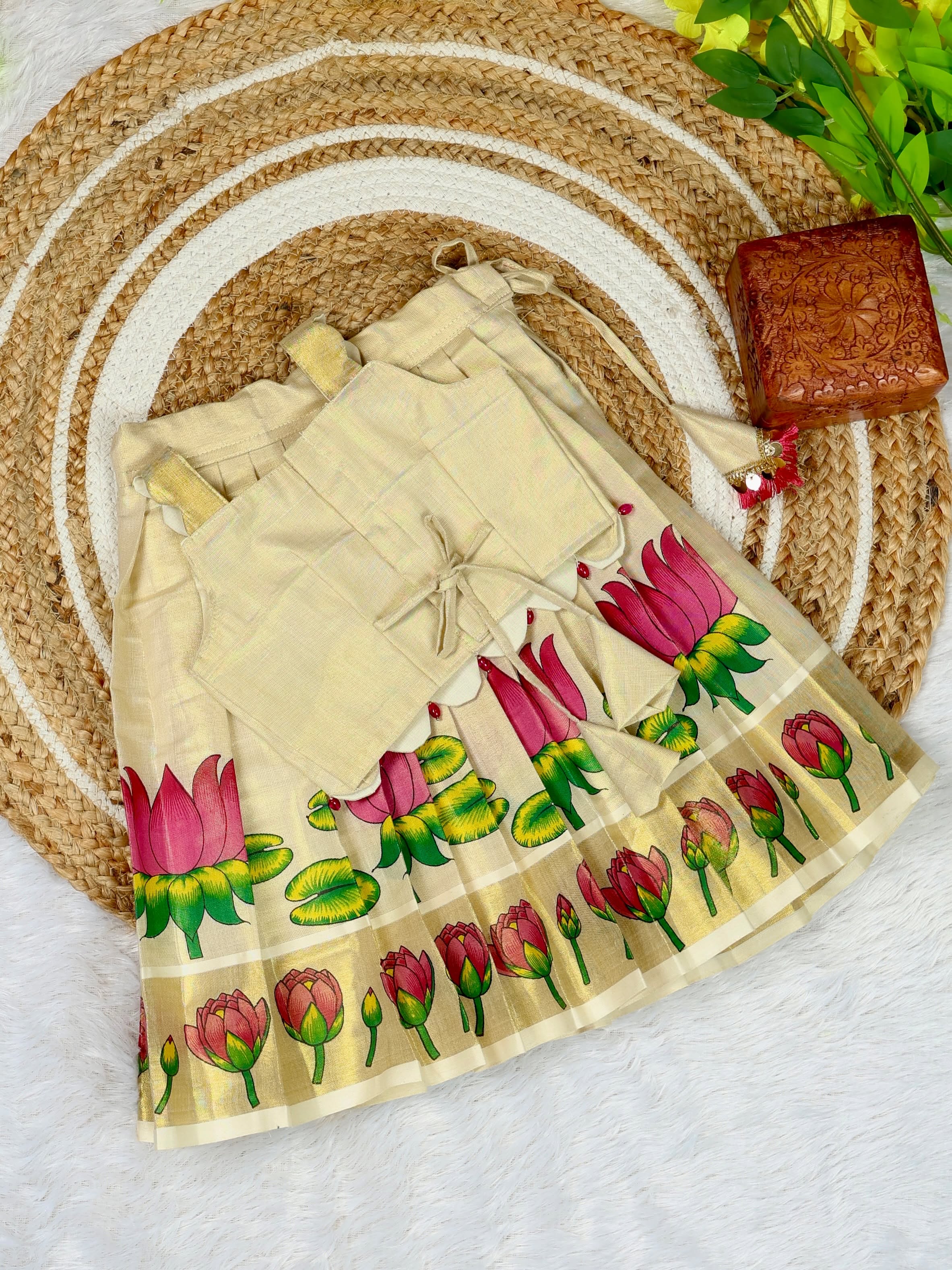 Premium Kasavu Tissue Silk Cotton Top & Skirt Set - THAMARAI - TINY THUMBI