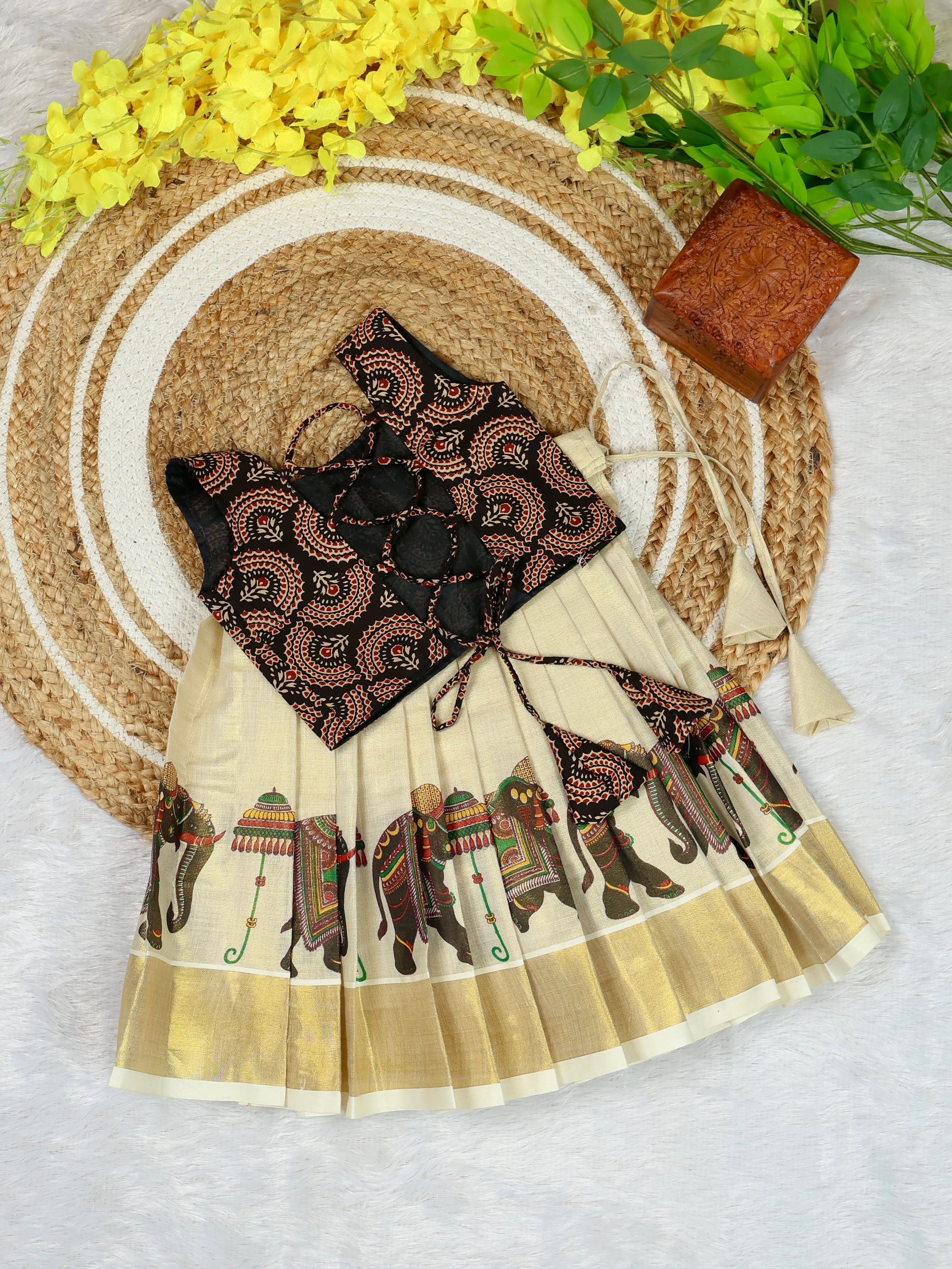 Ajrakh Cotton Top & Elephant Motif Kasavu Skirt - CHAITRA - TINY THUMBI