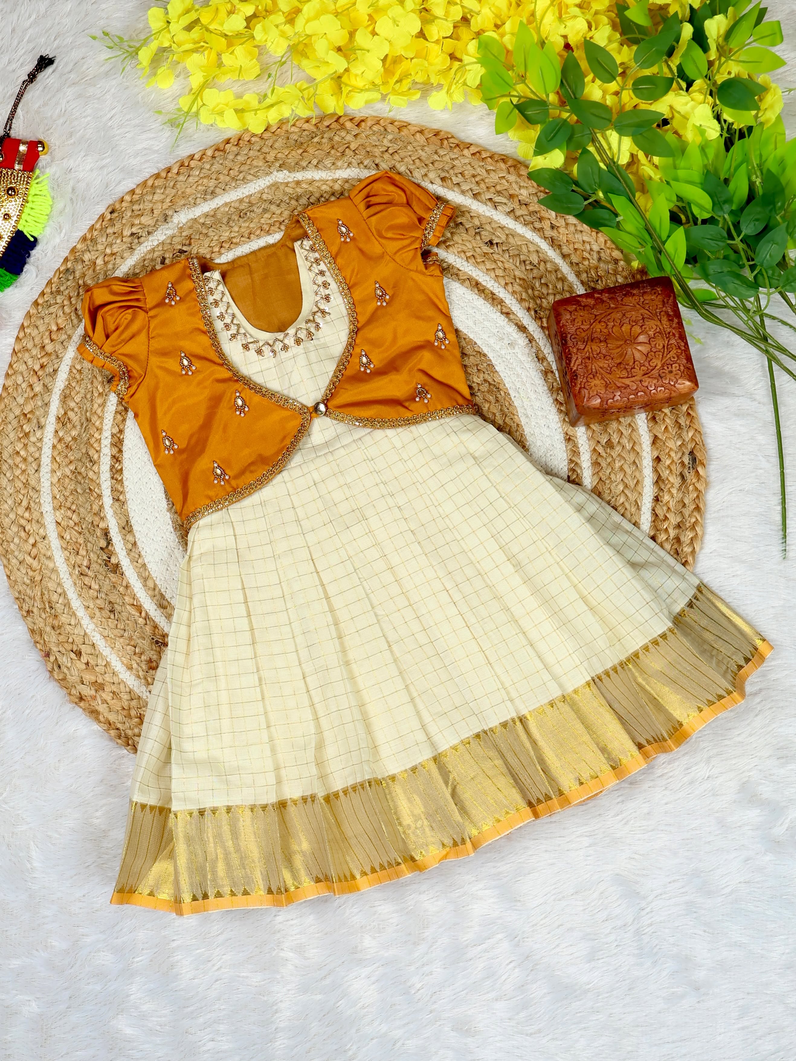Premium Kasavu Checked Tissue Silk Frock & Silk Overcoat - TINY THUMBI
