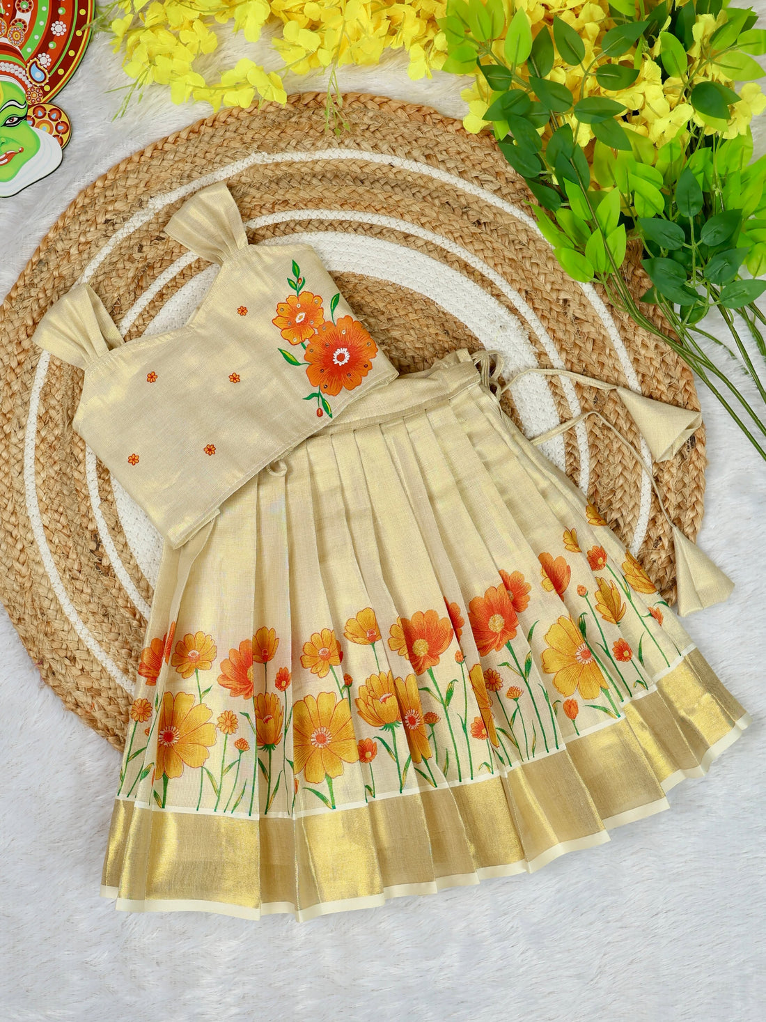Premium Kasavu Tissue Silk Cotton Top & Skirt Set - POOVIZHI - TINY THUMBI