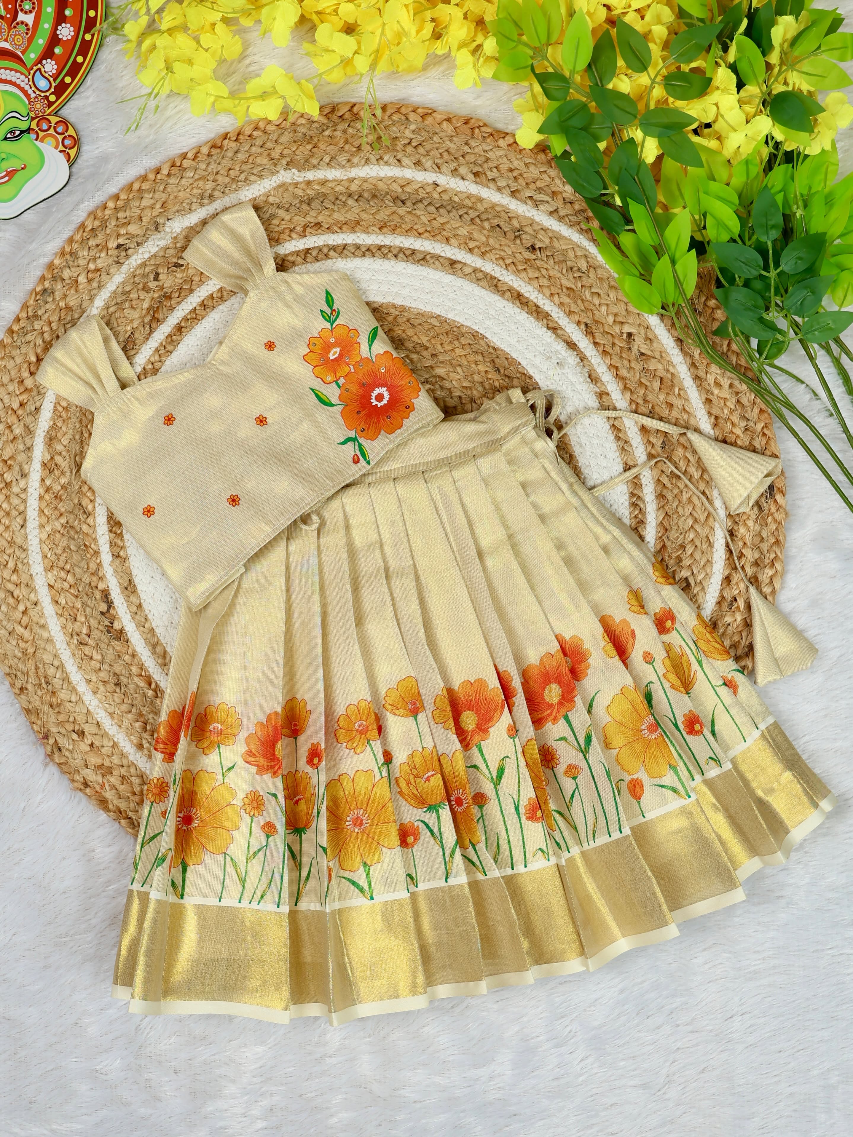 Premium Kasavu Tissue Silk Cotton Top & Skirt Set - POOVIZHI - TINY THUMBI