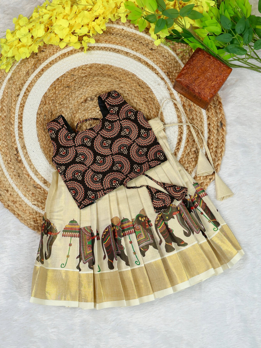 Ajrakh Cotton Top & Elephant Motif Kasavu Skirt - CHAITRA - TINY THUMBI