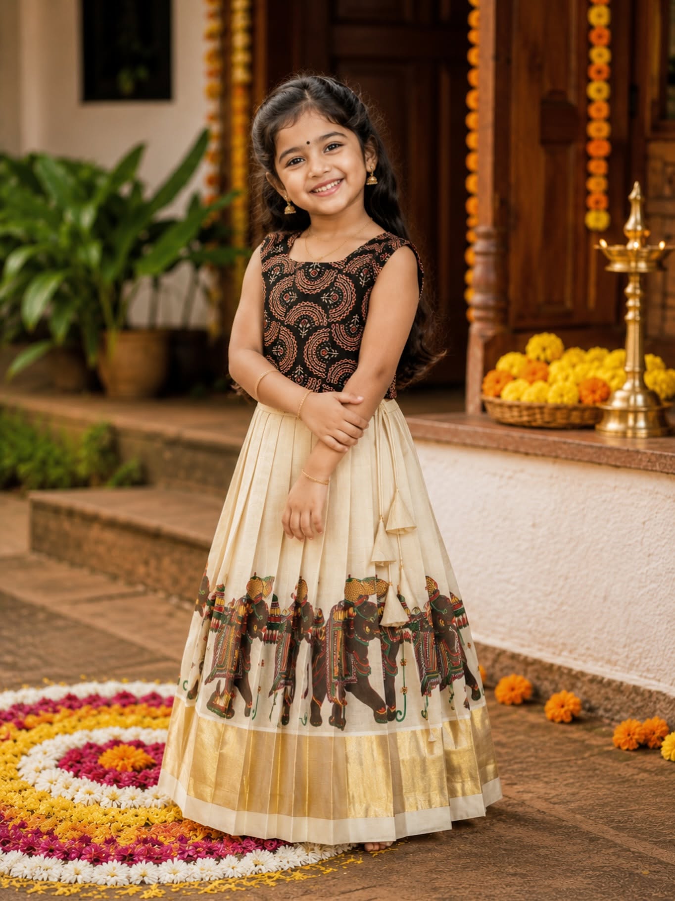 Ajrakh Cotton Top & Elephant Motif Kasavu Skirt - CHAITRA - TINY THUMBI
