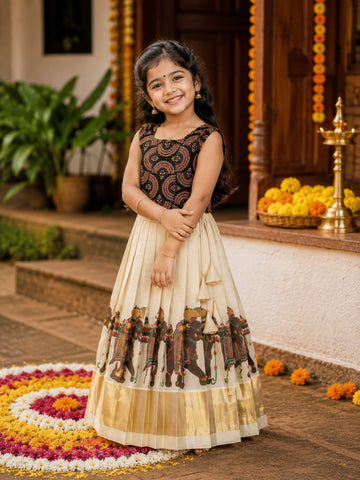 Ajrakh Cotton Top & Elephant Motif Kasavu Skirt - CHAITRA - TINY THUMBI