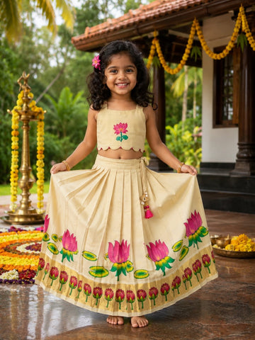 Premium Kasavu Tissue Silk Cotton Top & Skirt Set - THAMARAI - TINY THUMBI