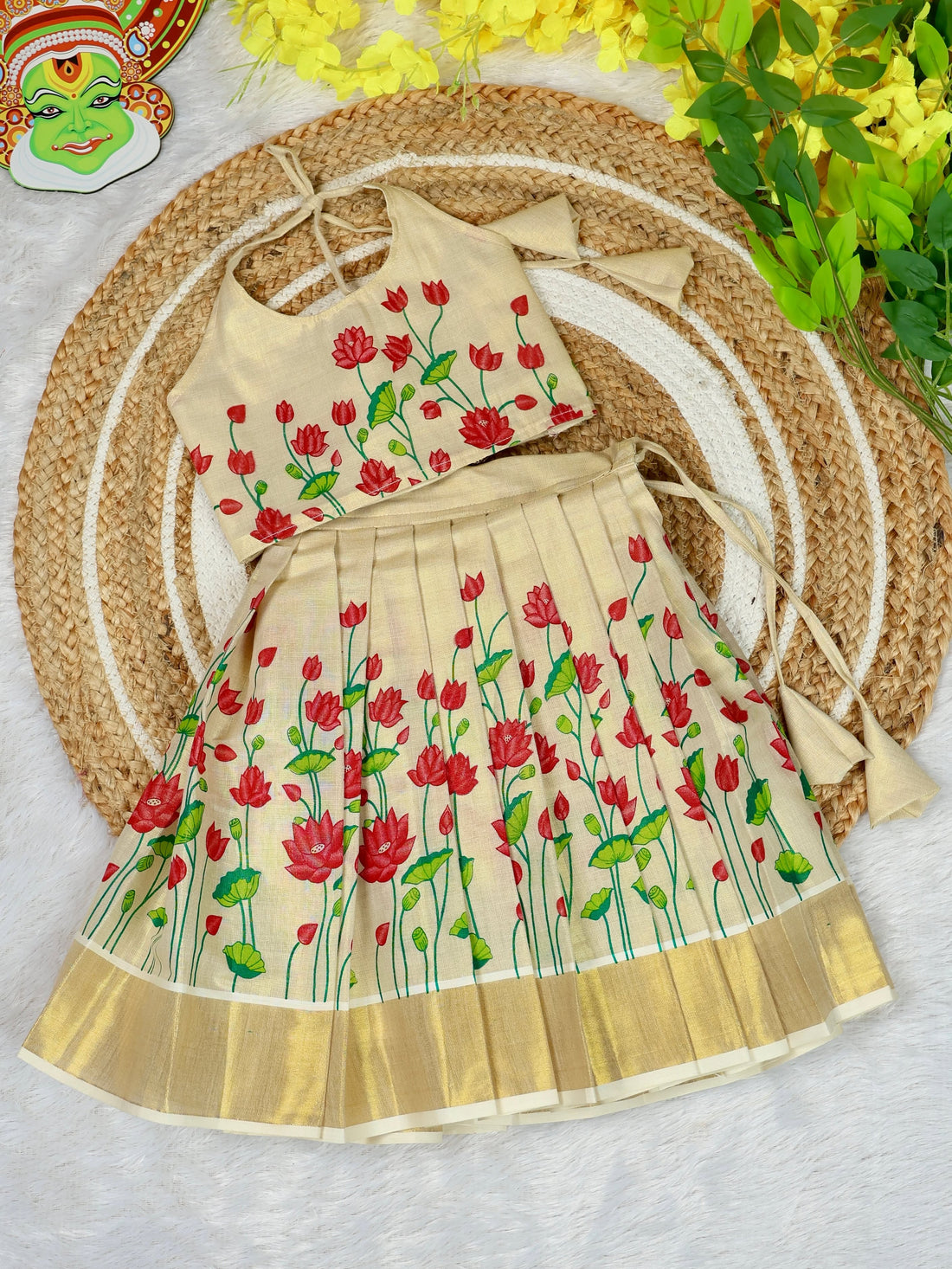 Premium Kasavu Tissue Silk Lotus Motifs Top & Skirt - ONAPPOOVE - TINY THUMBI