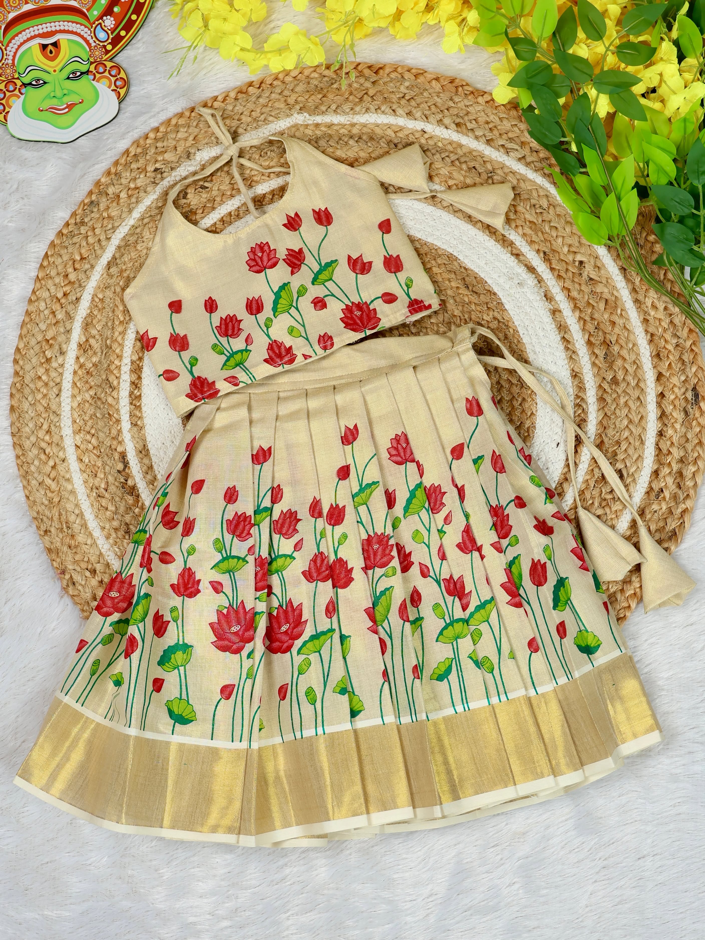 Premium Kasavu Tissue Silk Lotus Motifs Top & Skirt - ONAPPOOVE - TINY THUMBI