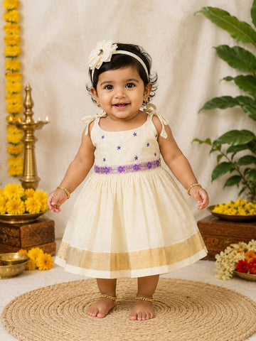 Premium Kasavu Checked Tie-Up Cotton Frock - TINY THUMBI