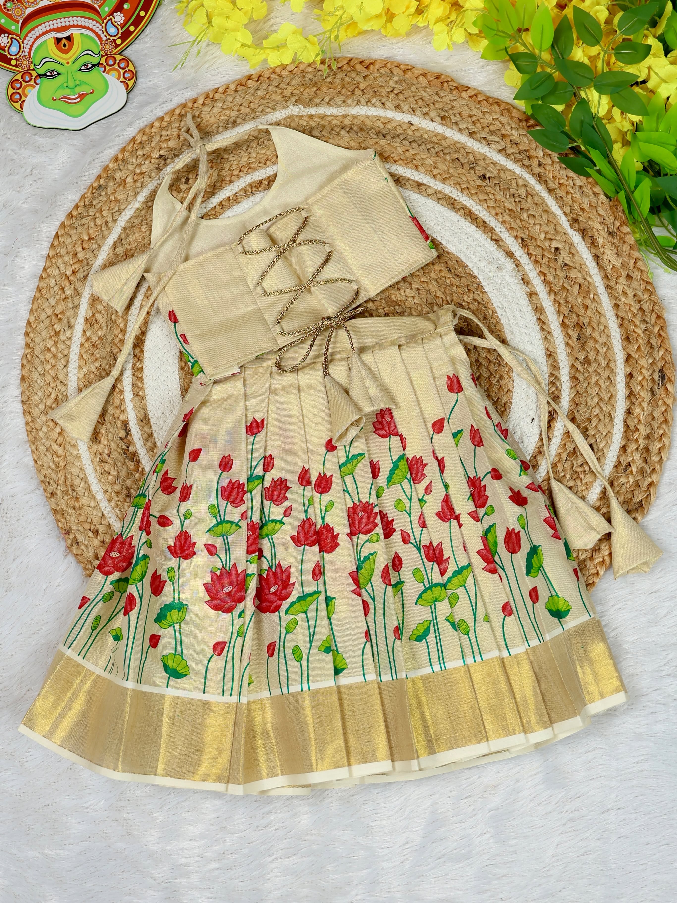 Premium Kasavu Tissue Silk Lotus Motifs Top & Skirt - ONAPPOOVE - TINY THUMBI