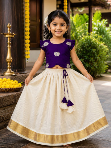 Premium Kasavu Small Checked Tissue Silk & Voilet Lotus Weaving Raw Silk Top - DARSHANA - TINY THUMBI